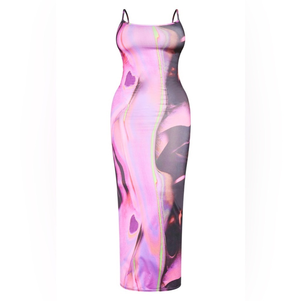 Pretty Little Thing SHAPE PINK ABSTRACT PRINT SLINKY SPAGHETTI STRAP MIDI DRESS